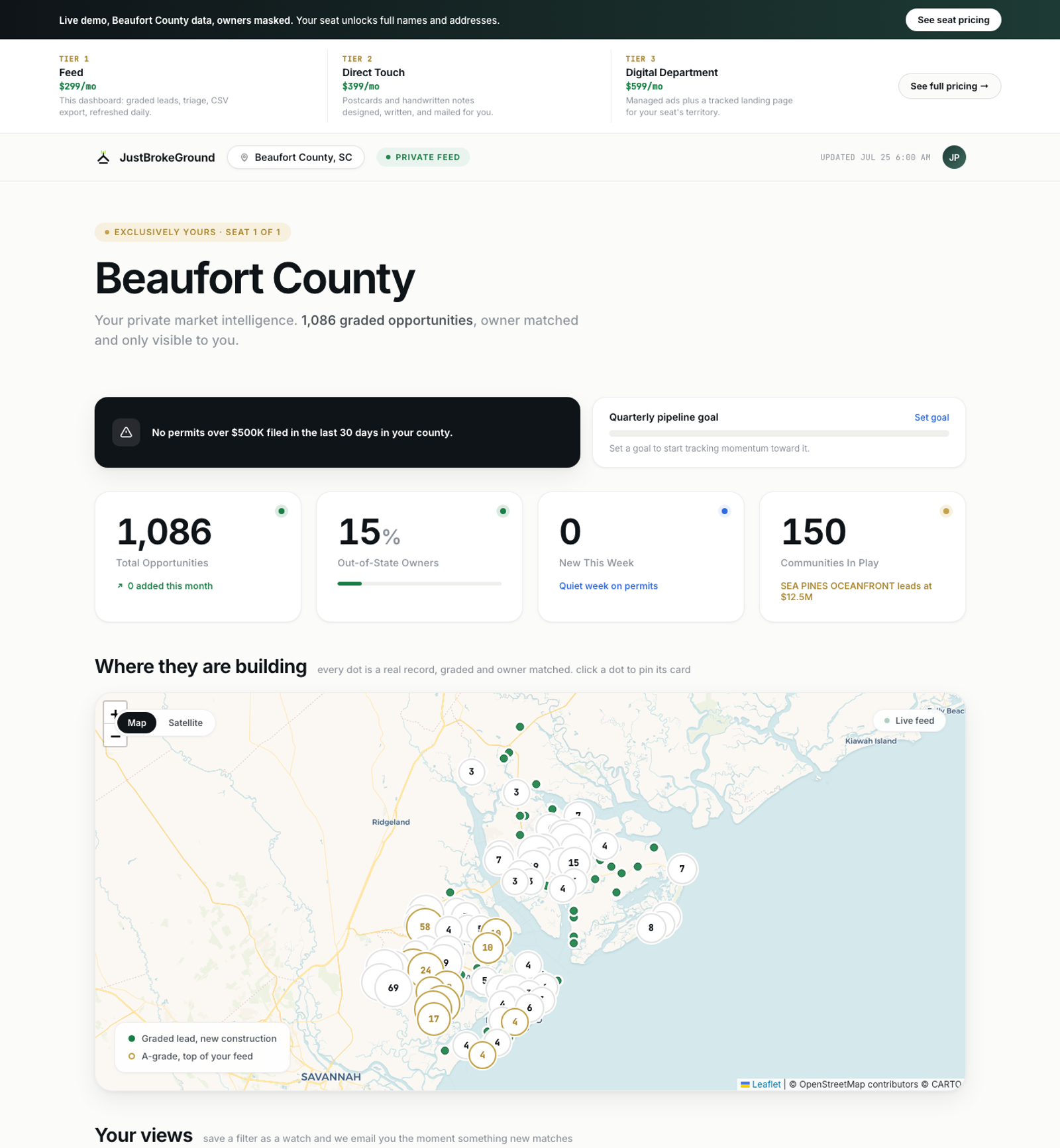 The live JustBrokeGround demo dashboard: Beaufort County, 1,086 graded opportunities, real map of graded homes
